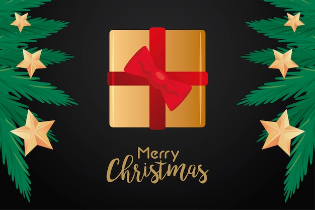 Feliz tarjeta de letras de feliz navidad con regalo dorado y ramas de pino ilustración