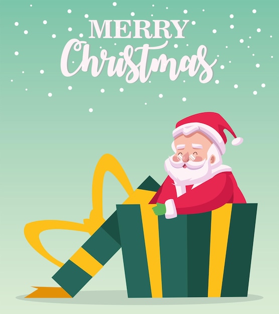 Feliz tarjeta de letras de feliz navidad con santa claus en ilustración de regalo