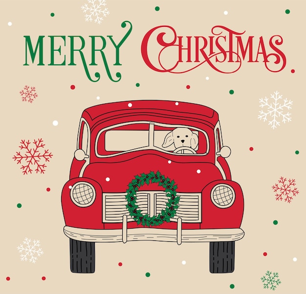 Feliz tarjeta de Navidad con camión y perro
