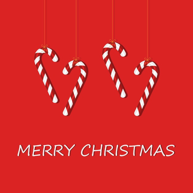 Feliz tarjeta de Navidad con caña de caramelo colgada sobre fondo rojo Arte minimalista creativo de Navidad