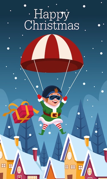 Feliz tarjeta de Navidad con el duende en paracaídas, diseño de ilustraciones vectoriales