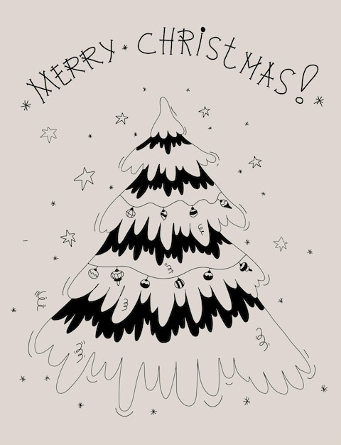 Feliz tarjeta de navidad lindo árbol de navidad con guirnaldas y bolas esquema de dibujo a mano lineal vertical