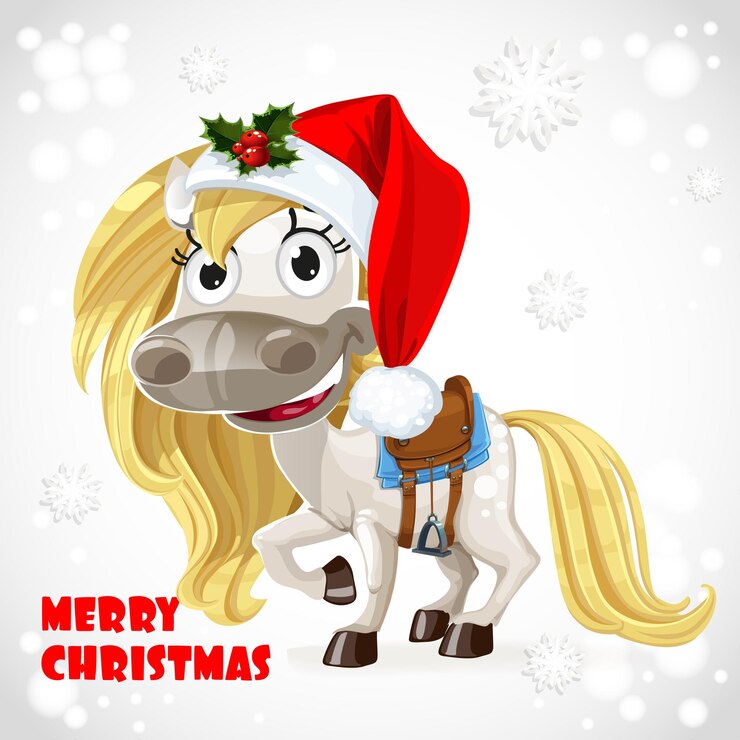 Vector feliz tarjeta de navidad con un lindo caballo blanco