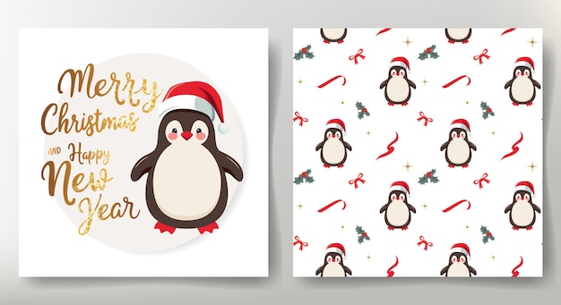Feliz tarjeta de Navidad y patrón sin costuras con lindo pingüino en sombrero de Papá Noel personajes de invierno