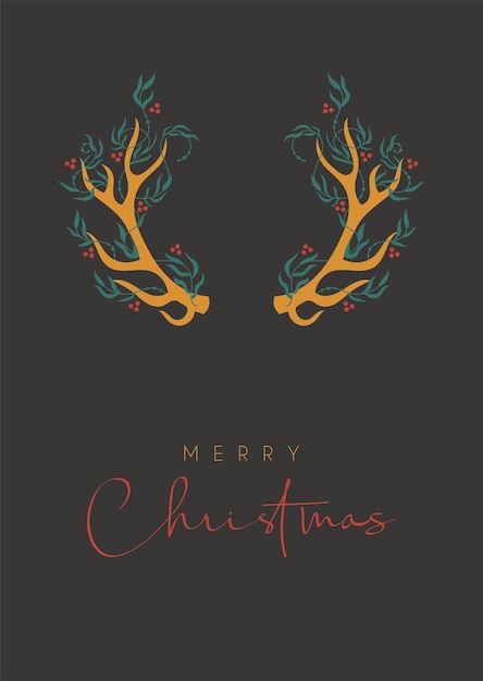 Feliz tarjeta navideña con cuernos de venado y adornos de follajexA