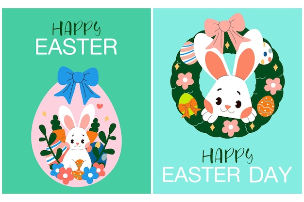 Feliz tarjeta de Pascua con conejitos flores de zanahoria huevos de Pascua en fondo verde