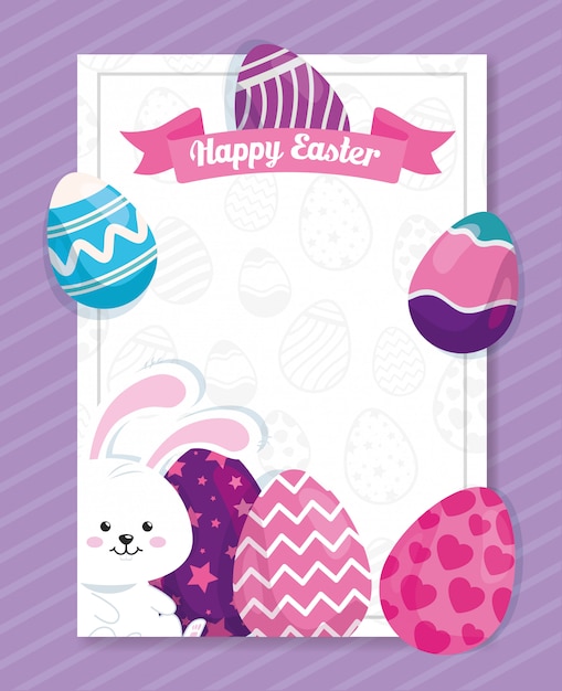 Vector feliz tarjeta de pascua con conejo y huevos decorados