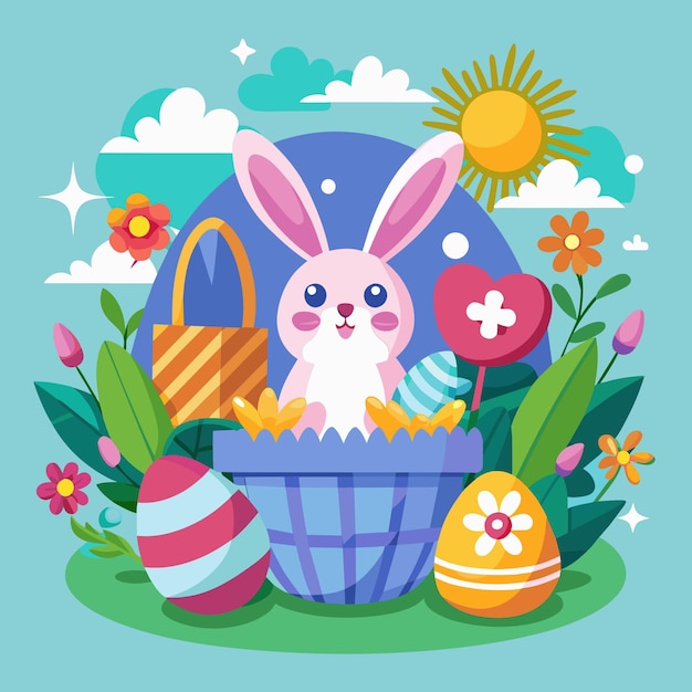 feliz tarjeta de pascua con conejo lindo en la canasta ilustración vectorial diseño gráfico