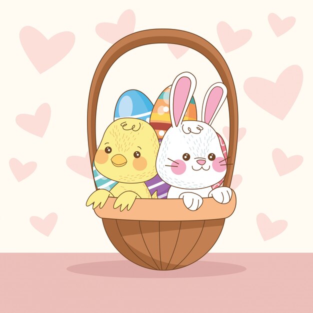Feliz tarjeta de pascua con conejo y pollito en la cesta