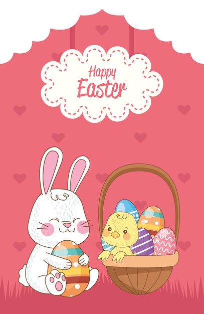 Feliz tarjeta de pascua con conejo y pollito levantando huevos pintados