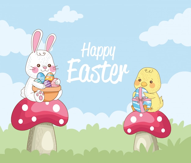 Feliz tarjeta de pascua con conejo y pollo en hongo