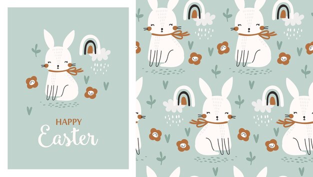 Feliz tarjeta de Pascua con conejo y vector de patrón sin costuras
