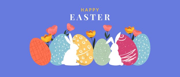 Feliz tarjeta de Pascua Diseño de Pascua de moda con huevos de Pascua flores y conejitos Cabecera de pancarta horizontal