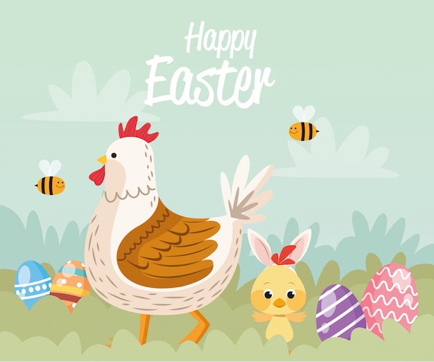 Feliz tarjeta de pascua con familia de pollo y huevos pintados