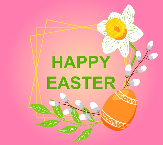 Feliz tarjeta de Pascua con huevo y flores sobre fondo rosa