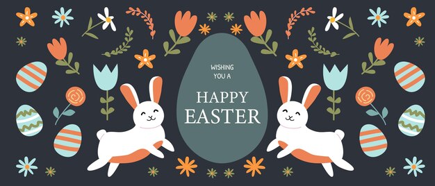 Feliz tarjeta de Pascua con huevos de conejo y flores en colorido diseño de primavera