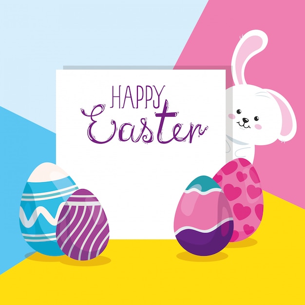 Vector feliz tarjeta de pascua con lindo conejo y huevos