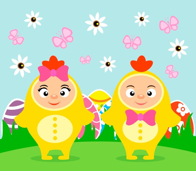 Feliz tarjeta de pascua con niños divertidos disfrazados de pollosvector ilustración