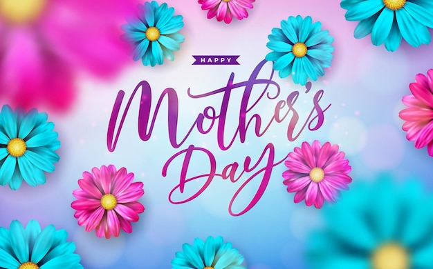 Feliz tarjeta postal del Día de las Madres Ilustración con flor de primavera y letra tipográfica en fondo azul