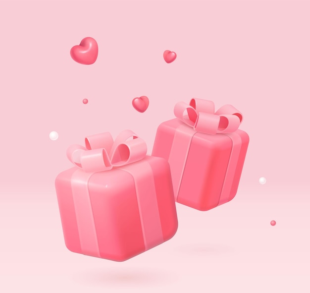 Feliz tarjeta de San Valentín con caja de regalo de corazón realista en 3D arco iris y nube