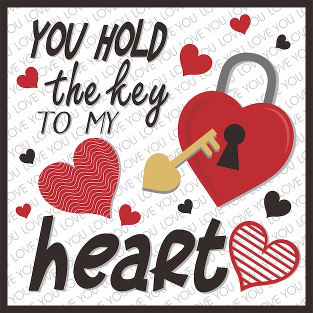 Feliz tarjeta de San Valentín con llave de corazón y letras