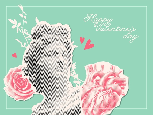 Feliz tarjeta de San Valentín en papel vintage estilo collage estatua antigua con efecto de medio tono