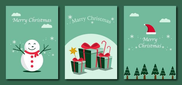 Feliz tarjetas de Navidad con un muñeco de nieve regalos y árboles