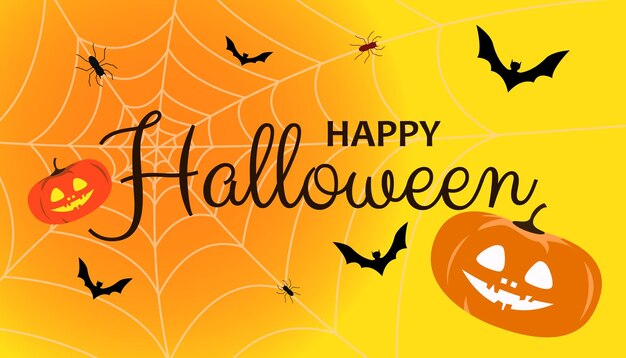 Feliz texto de Halloween con murciélagos y calabazas ilustración vectorial premium
