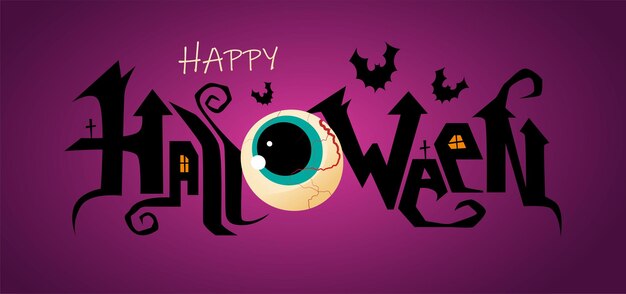 Feliz texto de letras de mano de halloween con globo ocular y murciélagos