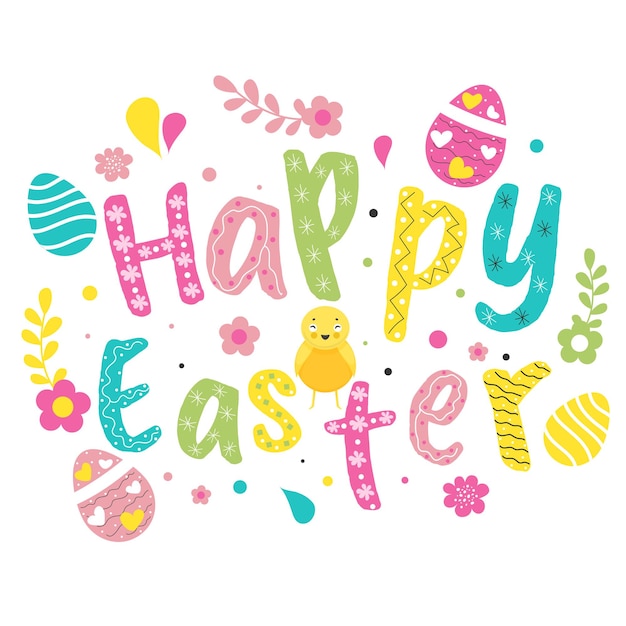 Feliz texto de Pascua Decorado huevo y floral lindo pollo bebé se puede usar diseño de tarjeta de felicitación