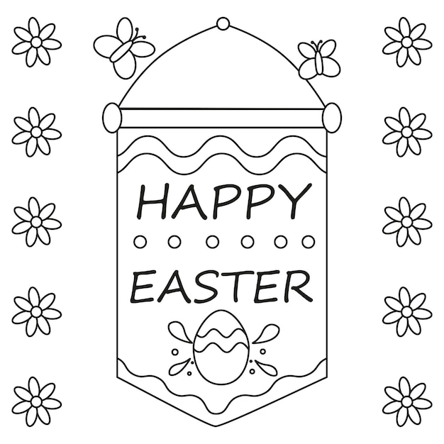 Vector feliz texto de pascua en letras de imagen con adornos huevos de pascua y flores arte lineal