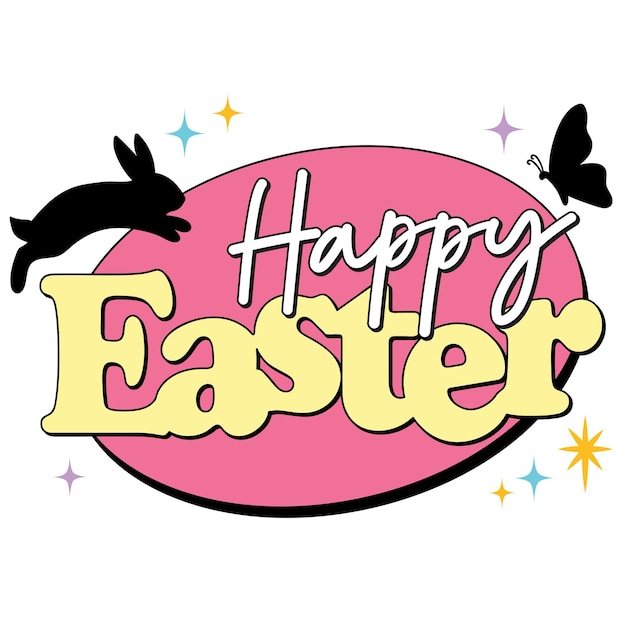Feliz texto de Pascua tipografía caligrafía con mariposa conejo conejo