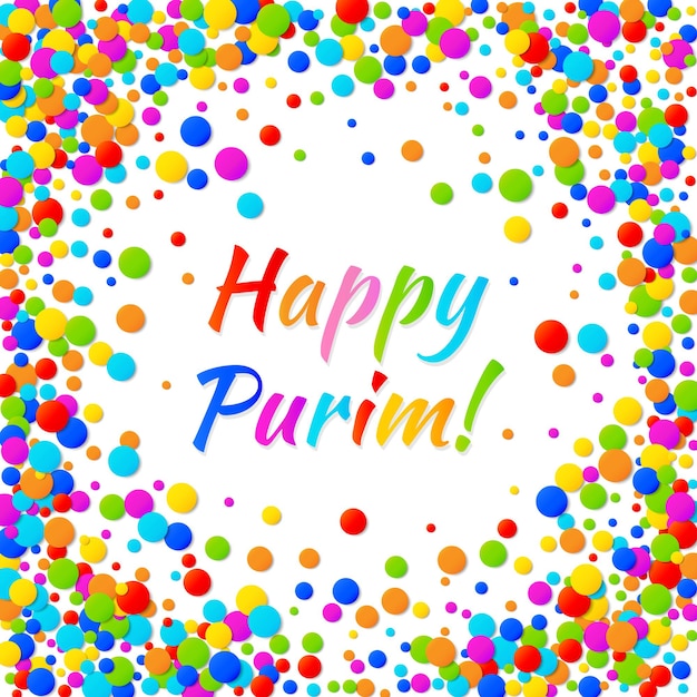 Feliz texto de Purim con marco de confeti de papel de colores del arco iris Fiesta judía de Purim Vector
