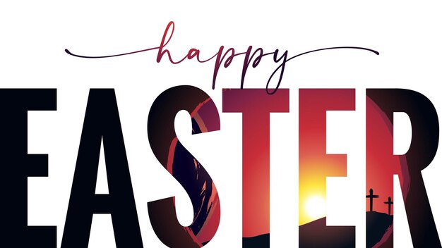 Feliz tipografía creativa de Pascua. Cartel de semana santa. Diseño de banner cristiano. Idea de invitación a la iglesia.