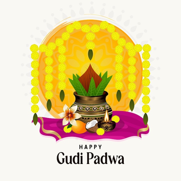 Feliz tipografía del Festival de Gudi Padwa con dulces kalash y guirnaldas en un fondo de mandala