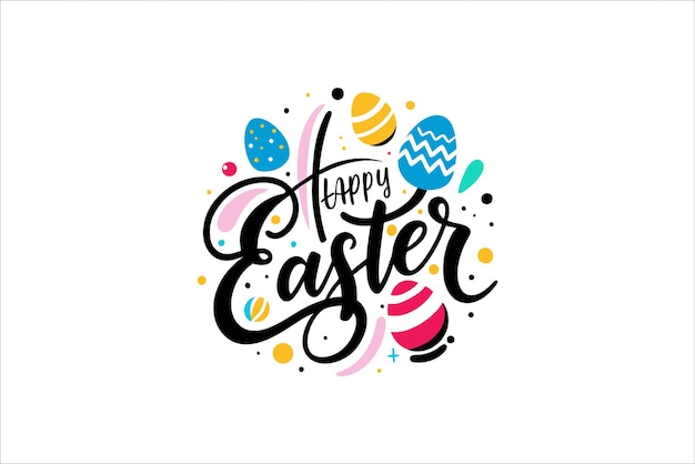 Feliz tipografía de Pascua con huevos decorados de colores y elementos festivos en la caligrafía moderna