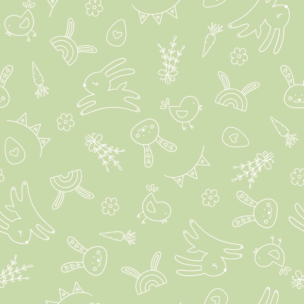 Vector feliz trasfondo de pascua con huevo de conejo, pollo de arco iris y zanahoria diseño de primavera perfecto para el diseño de impresión de papel tapiz textil