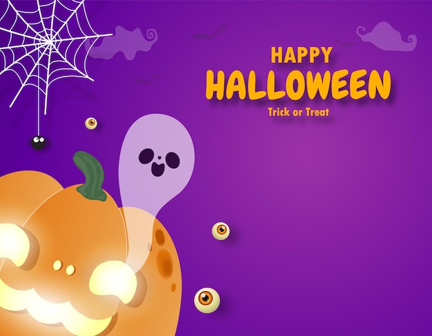 Feliz truco o trato de Halloween calabazas y fantasmas de estilo de corte de papel, invitación de celebración de fiesta divertida