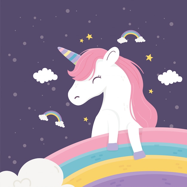 Feliz unicornio arcoiris nubes estrellas fantasía magia sueño linda ilustración de dibujos animados