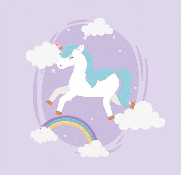 Feliz unicornio arcoiris nubes fantasía magia sueño lindo dibujos animados púrpura fondo ilustración