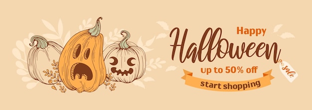 Feliz venta de halloween banner horizontal brillante en estilo incompleto tonos terrosos vintage jack o linterna calabaza con caras alegres y aterradoras hojas de otoño para publicidad banner poster flyer