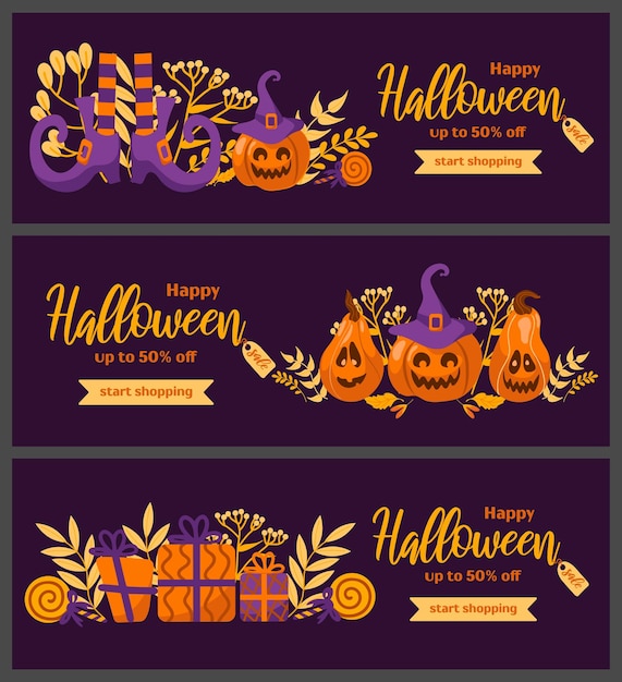 Feliz venta de halloween Establecer vector banner horizontal en estilo de dibujos animados Calabaza jackolantern regalos sombrero de bruja medias a rayas zapatos piruleta hojas de otoño Para publicidad banner poster flyer