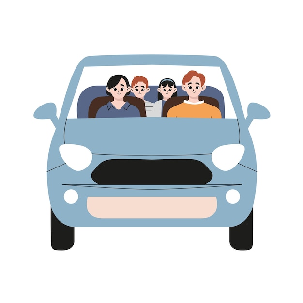 Feliz viaje familiar en coche vista frontal. Ilustración de vector plano aislado sobre fondo blanco