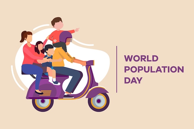 Feliz viaje familiar en scooter Día mundial de la población Ilustración de vector gráfico plano coloreado aislado