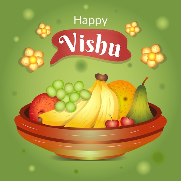 Feliz Vishu con frutas y flores