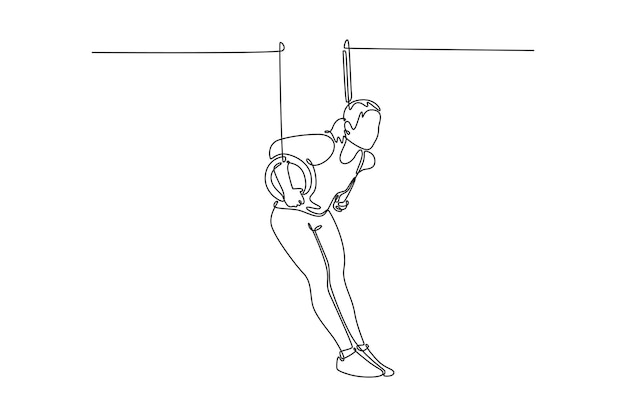 female athlete doing complicated exciting trick on gymnastic rings