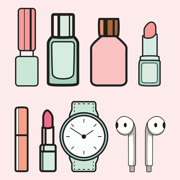 Feminino estético Vector Clip Art Set Cosméticos y elementos de estilo de vida