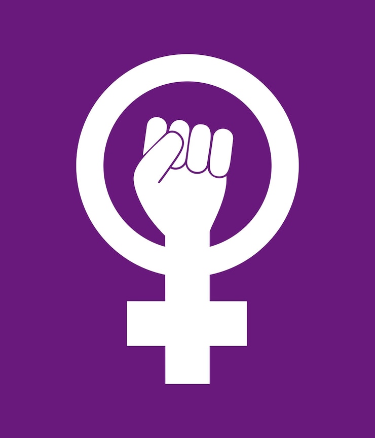Vector el feminismo de la mujer femenina resiste el símbolo. girl power icono de vector blanco aislado sobre fondo púrpura. pelea como una niña