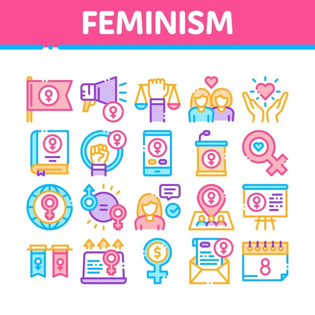 Feminismo Mujer Poder Colección Iconos Set Vector