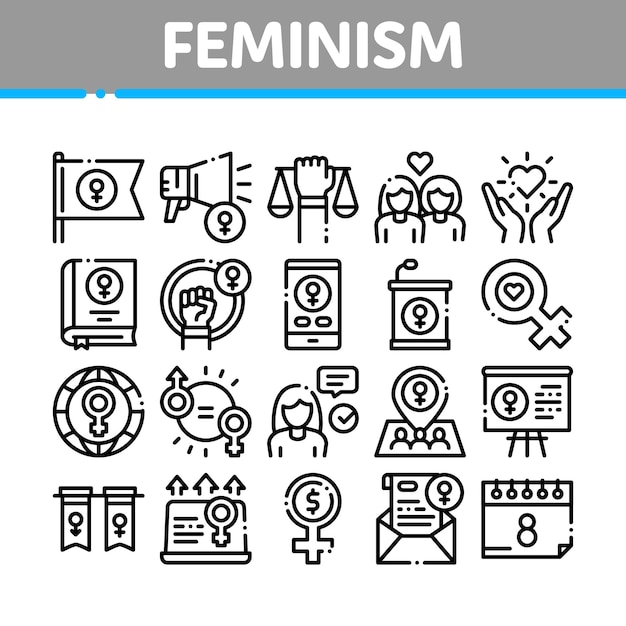 Feminismo Mujer Poder Colección Iconos Set Vector
